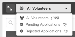 All Volunteers menu open showing All Volunteers (105), Pending Applications (0), Rejected Applications (0)