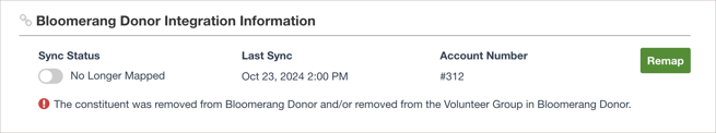 Bloomerang Donor Integration Information section. Sync status is No Longer Mapped. A last sync timestamp and an account number are also displayed. A green Remap button is available. An error message says: The constituent was removed from Bloomerang Donor and/or removed from the Volunteer Group in Bloomerang Donor.