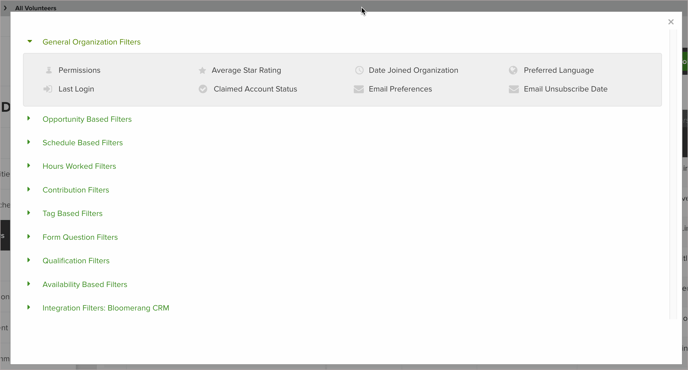 Available Volunteer List filters with General Organization Filters expanded