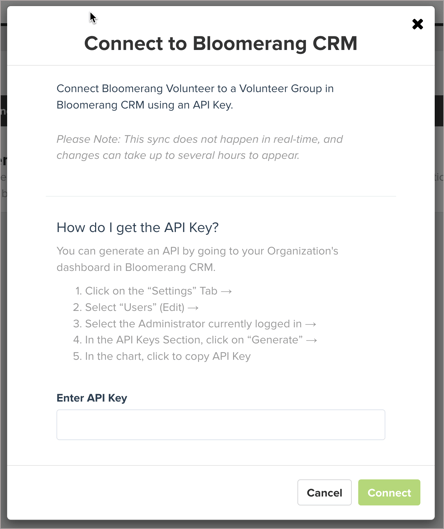 Connect to Bloomerang CRM using an API key. Enter API Key in the empty text box.