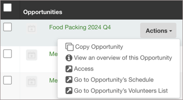 Opportunity Actions Dropdown Schedule and Volunteers