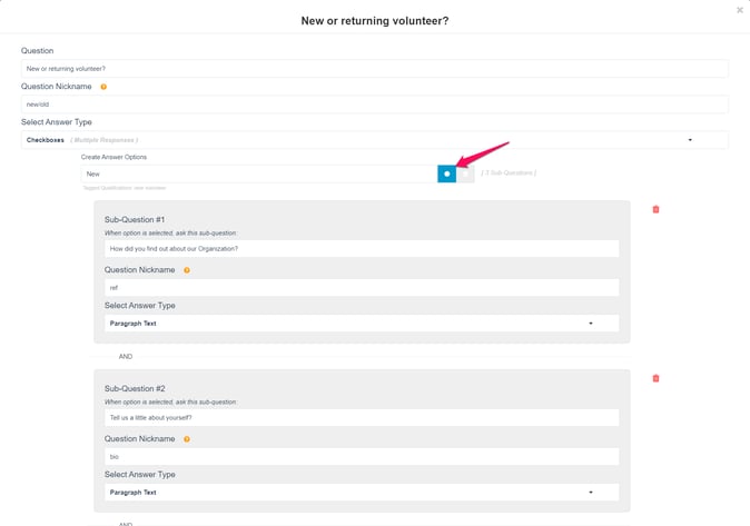 Screenshot of the "New or returning volunteer" window. An arrow points to the field Create Answer Options with the New option selected.