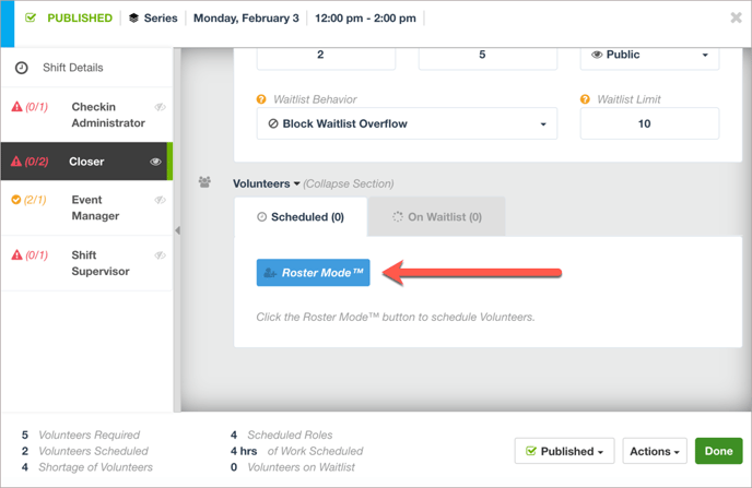 Roster Mode button in an open shift window within the Central Schedule page.