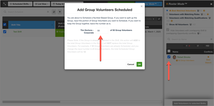 Number-based group window for choosing the number of group volunteers.