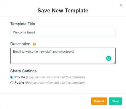 Save New Template window showing Template Title, Description, and Share Settings