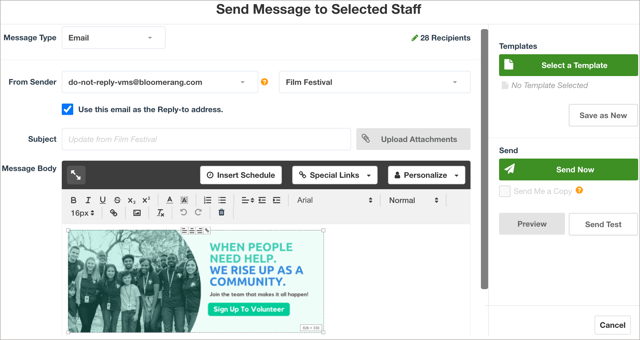 Screenshot of Send Message popup window