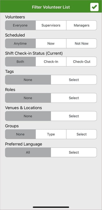Volunteer list filters in the Bloomerang Volunteer mobile app.