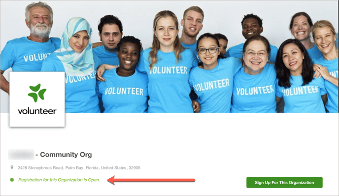 Organization home page showing that registration is available.