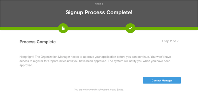 Page stating that the organization signup process is complete.