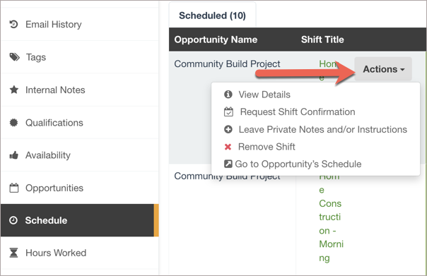 Actions dropdown within the Schedule tab of a volunteer's organization profile.