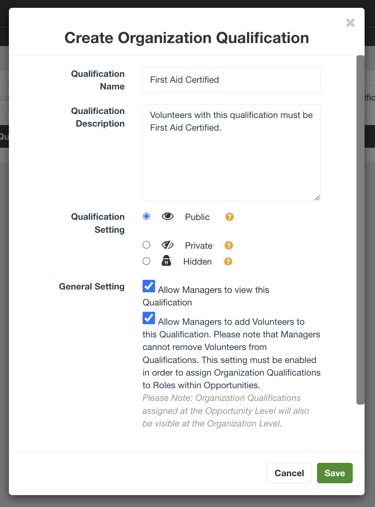 Screenshot of Create Organization Qualification window.