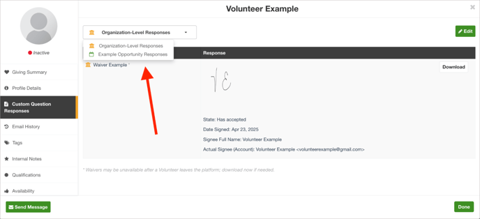 Custom Question Responses tab within a volunteer's profile.