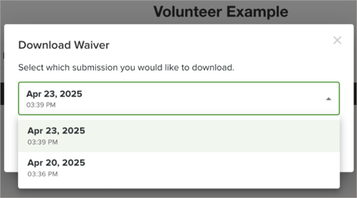 Download Waiver window with drop-down list of multiple waiver versions.