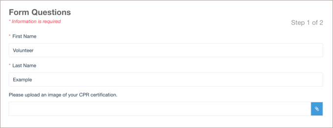 Form questions list with a file upload.