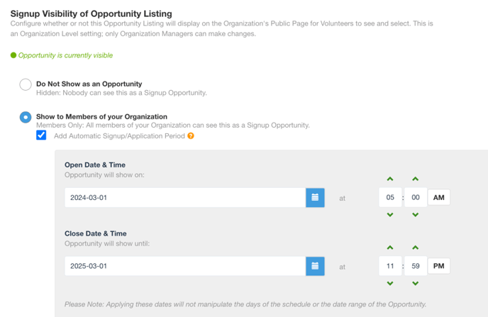Opportunity visibility setting with checkbox selected for Signup/Application Period.