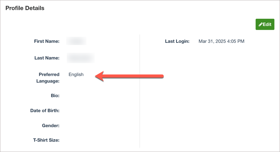 Profile page with the Preferred Language set to English.