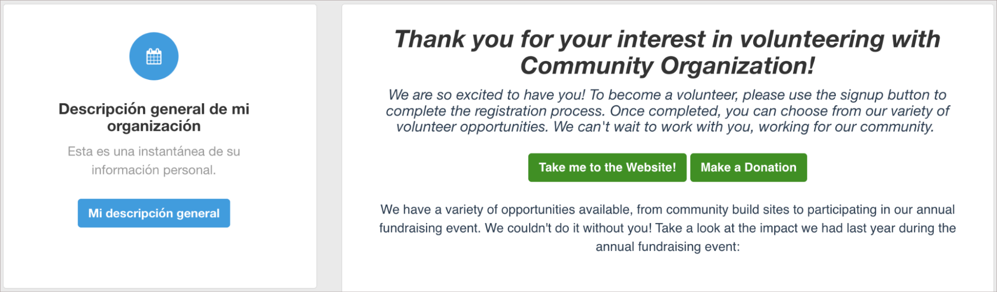 Example of a volunteer's preferred language differing from Bloomerang Volunteer site language, based on administrator settings for the organization.