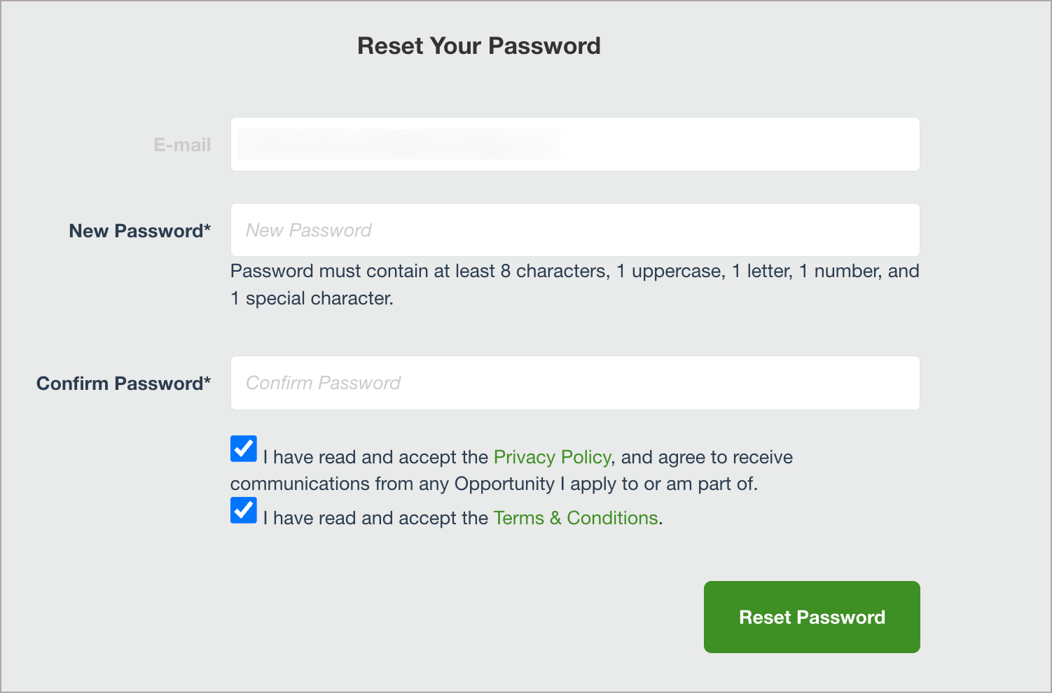 Terms and Conditions checkboxes on the Reset Your Password page.