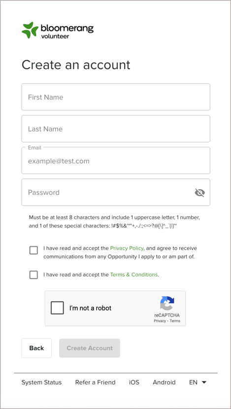 Create an Account page with all the information new users must fill out.