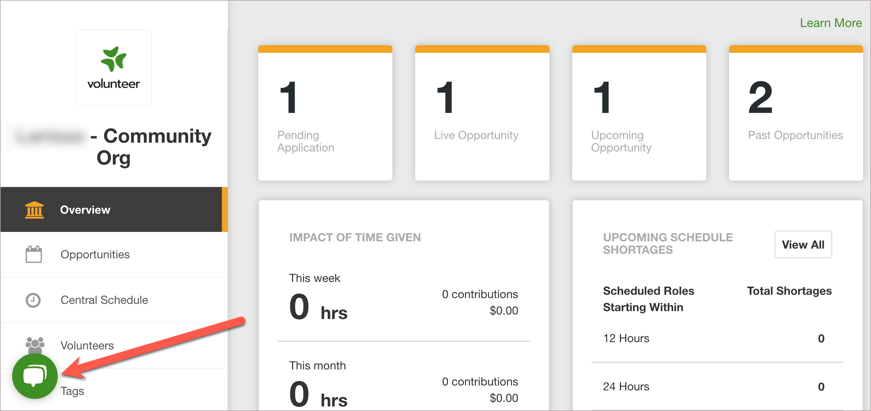 Chat icon on the Overview page for organization managers.