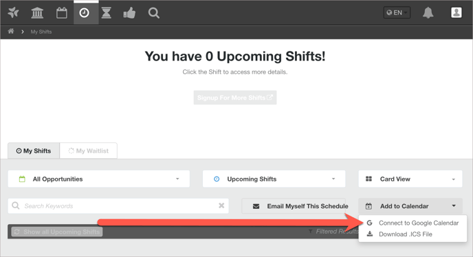 Add to Calendar dropdown on the My Shifts page.