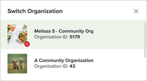 Switch Organization window with an organization that has a pending application bubble.