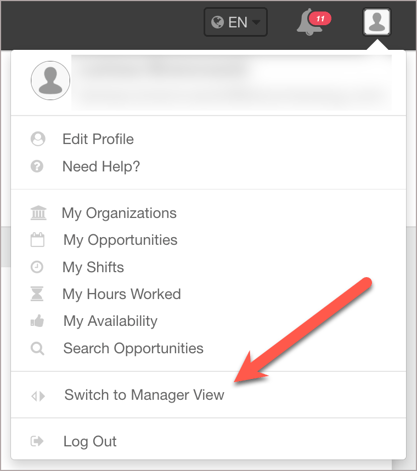Profile menu with a Switch to Manager View button.