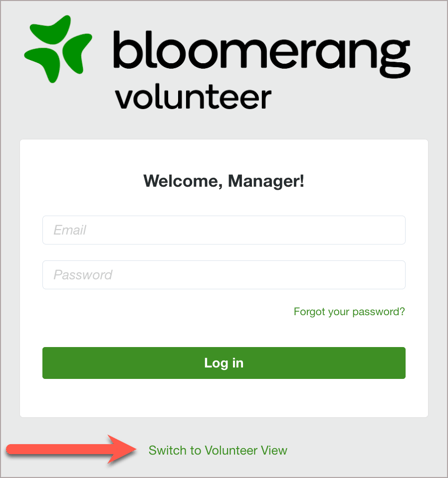 Admin login page with Switch to Volunteer View button.