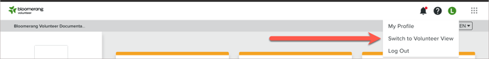 Admin account with Switch to Volunteer View button in the profile menu.