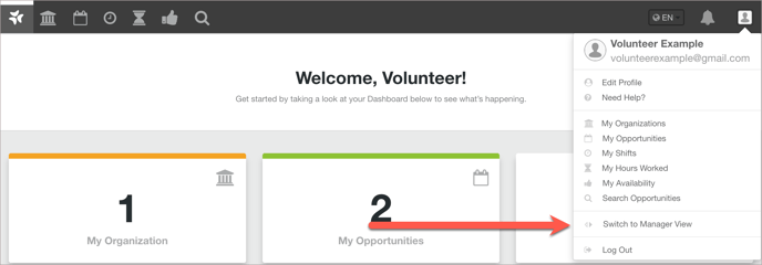 Volunteer account with Switch to Manager View button in the profile menu.