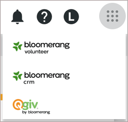 Apps icon with Bloomerang Volunteer, Bloomerang CRM, and Qgiv options expanded.