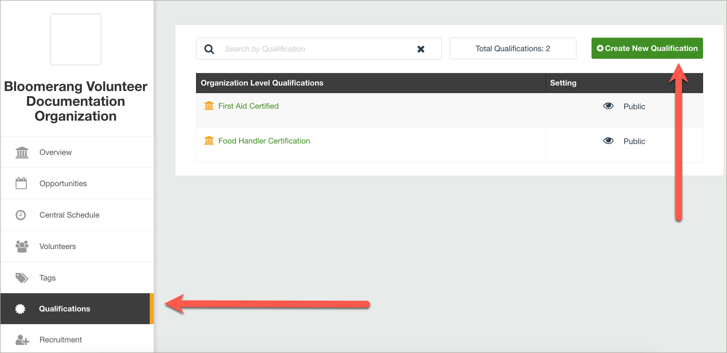 Qualifications page with Create New Qualification button.