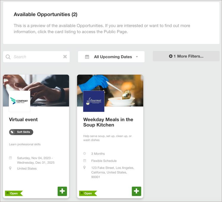 Available and open opportunities on the organization public page.