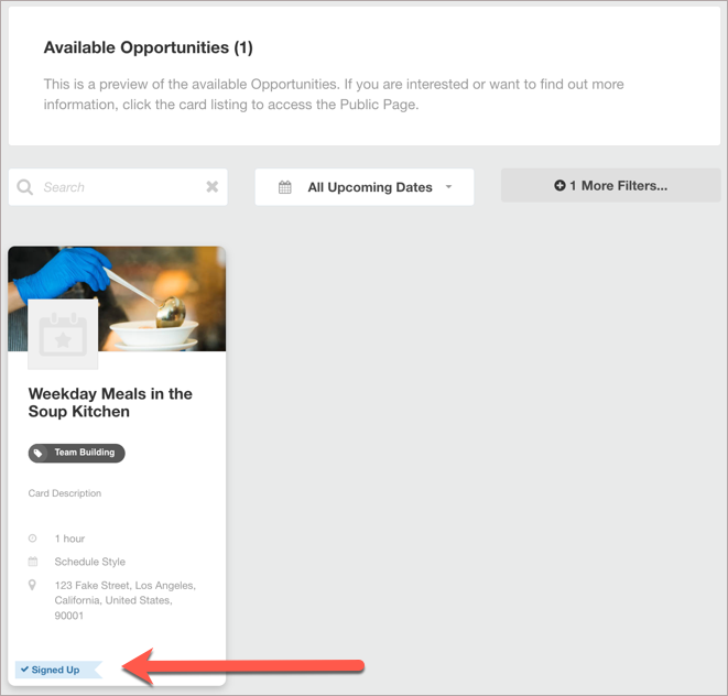 Upcoming opportunities on the organization public page a volunteer is already signed up for.