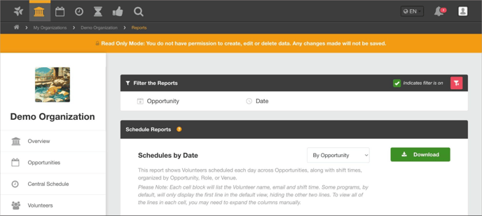 Read-only manager account with a highlighted Download button to show data export permissions.