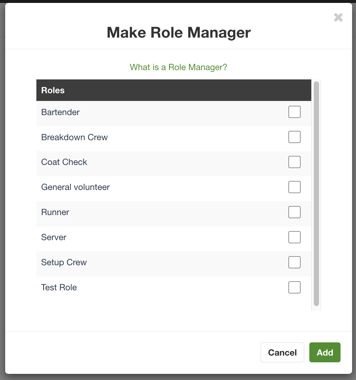 Screenshot of Make Role Manager showing a list of available roles to select.