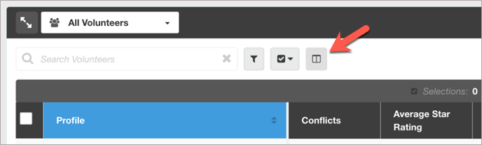 Cropped screenshot of the Volunteer List with arrow pointing at the show/hide columns icon 