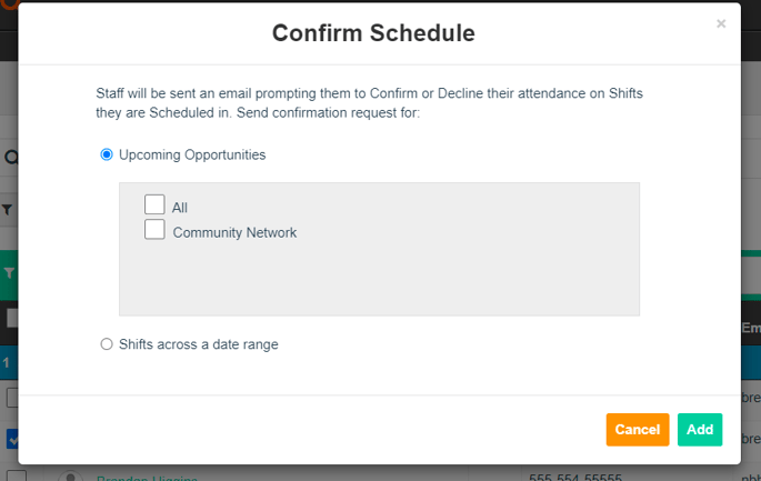 Screenshot of the confirm schedule window showing Upcoming Opportunities and Shifts across a date range
