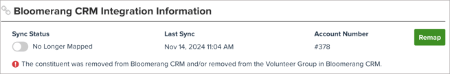 Bloomerang CRM Integration Information for a volunteer that is no longer mapped