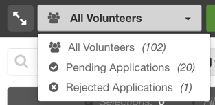 Screenshot of filter dropdown from Organization's Volunteer List showing All Volunteers (102), Pending Applications (20), Rejected Applications (1).