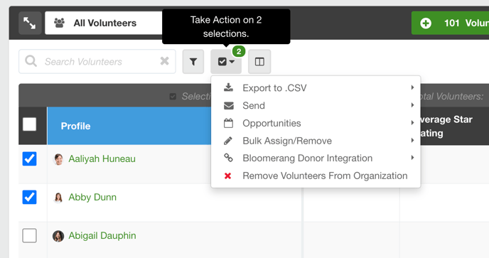 Screenshot of the volunteer list. Checkboxes next to the first two volunteers are selected. The Take Action menu is open, showing the available bulk operations.